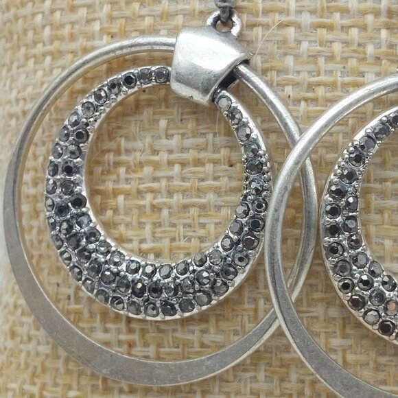 Silver Tone Double Hoop Earrings Marcasite Chip Hook Style 1.25" - Picture 2 of 7